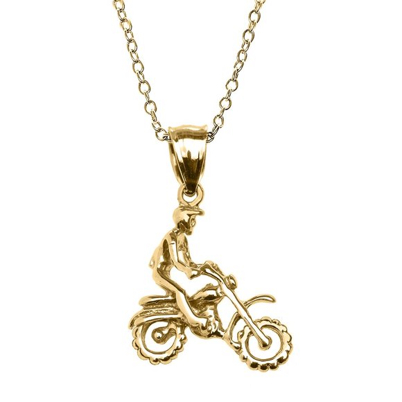14K Solid Gold Off Road Mountain Motorcycle Pendant Necklace - Picture 1 of 6